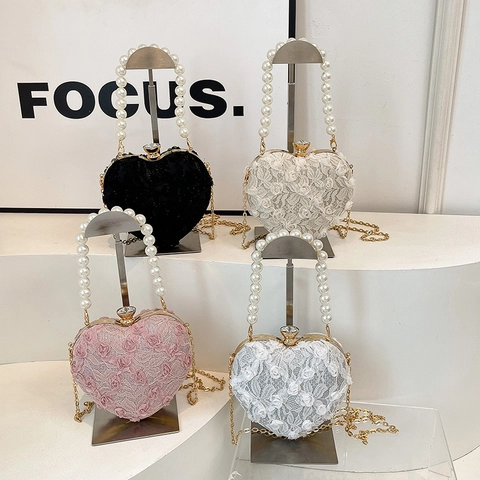 Lace Flower Heart Shaped Evening Bag With Faux Artificial Pearl Handle Metal Chain Crossbody Handbag For Wedding Party Elegant Box Purse