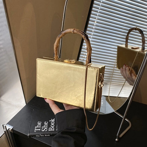 Borsa A Mano Da Donna In Scatola Metallica Lucida Con Manico In Bambù Tracolla A Catena Rimovibile Borsa Da Sera Retrò Elegante Guscio Rigido