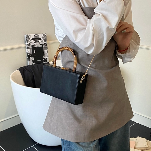 Borsa A Mano Da Donna In Scatola Metallica Lucida Con Manico In Bambù Tracolla A Catena Rimovibile Borsa Da Sera Retrò Elegante Guscio Rigido
