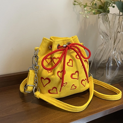 Women Heart Embroidery Corduroy Bucket Bag Drawstring Shoulder Bag With Chain Strap Casual Crossbody Handbag For Daily