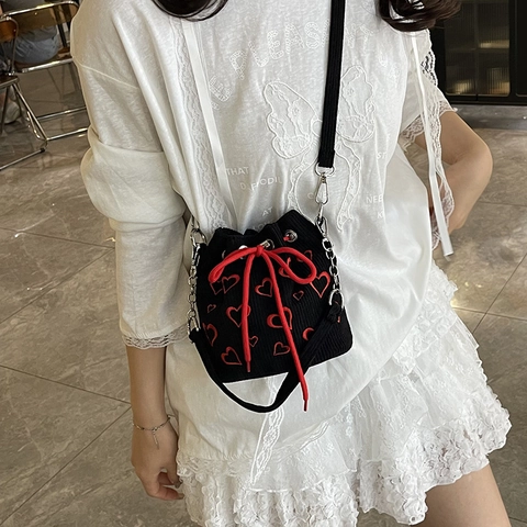 Women Heart Embroidery Corduroy Bucket Bag Drawstring Shoulder Bag With Chain Strap Casual Crossbody Handbag For Daily