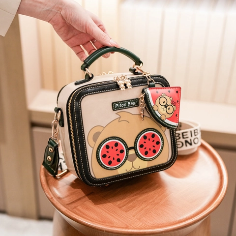 Cartoon Bear Square Bag PU Leather Crossbody Handbag Watermelon Glasses Design With Wide Strap And Removable Charm