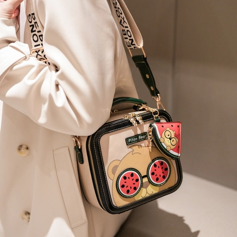 Cartoon Bear Square Bag PU Leather Crossbody Handbag Watermelon Glasses Design With Wide Strap And Removable Charm