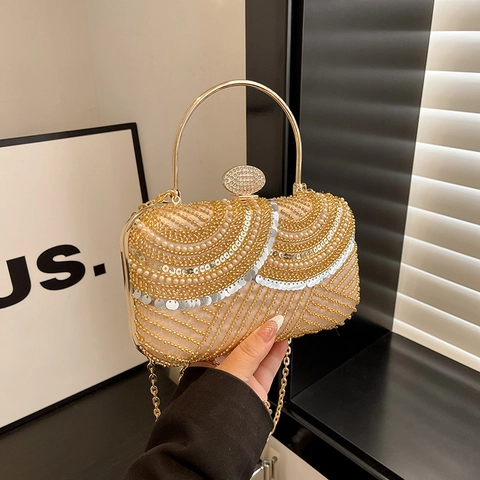 Borsa Da Sera Di Lusso Da Donna Künstliche Perle Paillettes Strass Festa Formale Matrimonio Borsa A Mano Con Manico In Metallo Catena