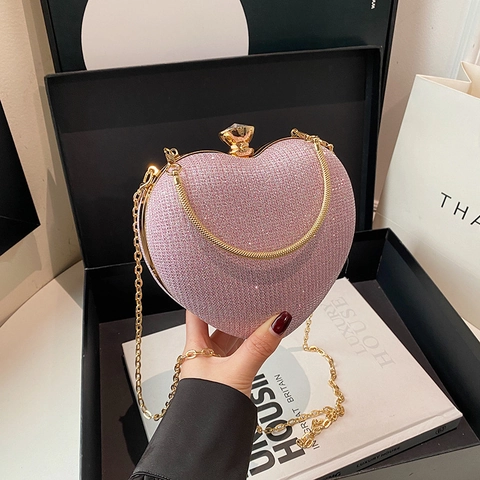 Bolso De Noche Con Forma De Corazón De Metal Con Lentejuelas Brillantes Hebilla De Cristal Y Cadena Para Mujer Fiesta