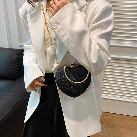 Bolso De Noche Con Forma De Corazón De Metal Con Lentejuelas Brillantes Hebilla De Cristal Y Cadena Para Mujer Fiesta