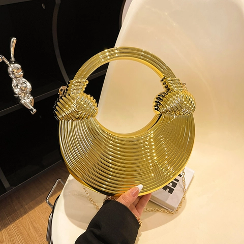 Acrylic Crescent Moon Handbag Ribbed Texture Round Handle Metal Chain Strap Fashion Evening Clutch