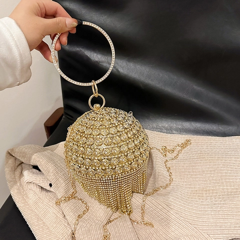 Sphärische Abendtasche Luxus Strass Quaste Handtasche Mit Rundem Griff Und Abnehmbarem Kettenriemen Für Hochzeitsfeiern
