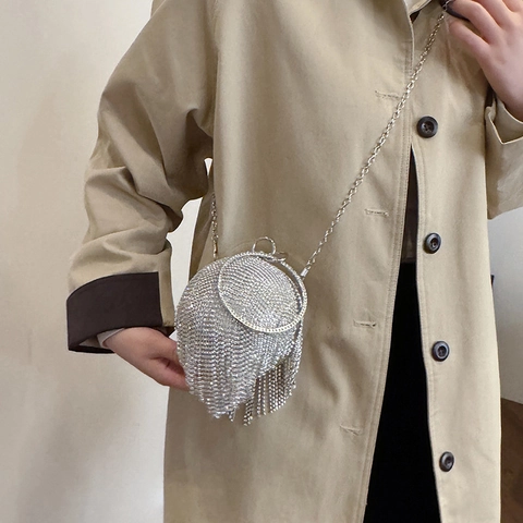 Sphärische Abendtasche Luxus Strass Quaste Handtasche Mit Rundem Griff Und Abnehmbarem Kettenriemen Für Hochzeitsfeiern