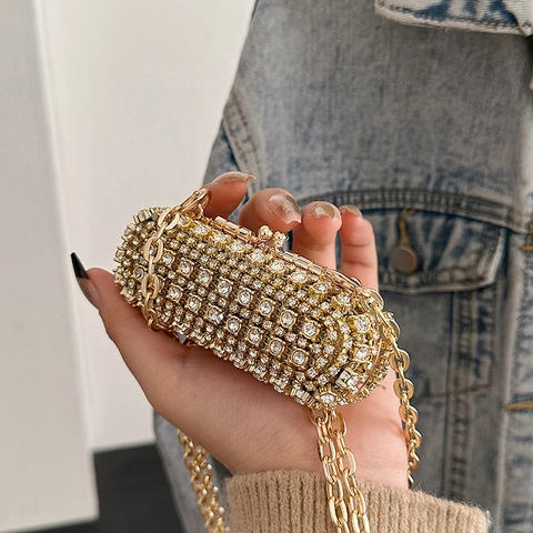 Mini Borsa Da Sera Strass Metallo Capsula Pochette Rossetto Con Catena E Specchio Per Donne Festa Matrimonio
