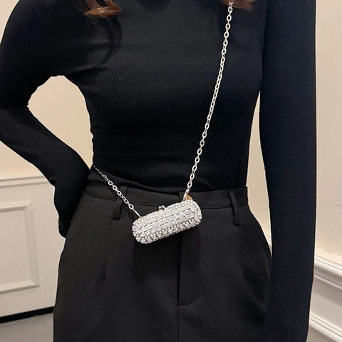 Mini Borsa Da Sera Strass Metallo Capsula Pochette Rossetto Con Catena E Specchio Per Donne Festa Matrimonio