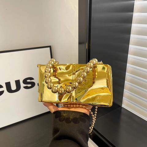 Evening Clutch Bag Acrylic Metallic Mirror Wrinkled Pleated Shoulder Purse With Beaded Handle Chain Strap Fashion Accessory