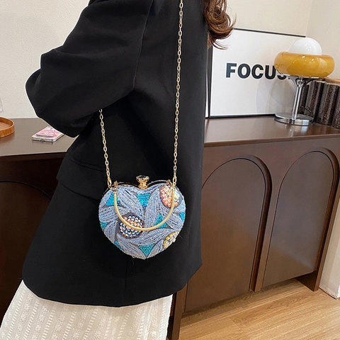 Hartvormige Avondtas Acryl Lovertjes Geborduurd Bloemen Clutch Met Ringhandvat En Ketting Voor Feest Bruiloft