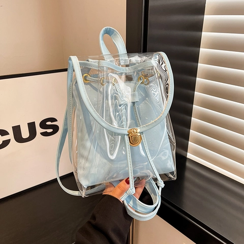 Damen Transparenter PVC Rucksack Mode Jelly Bag Mit PU Leder Innentasche Süße Verstellbare Riemen Lässig Reisen