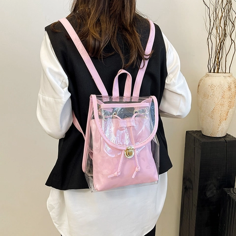 Damen Transparenter PVC Rucksack Mode Jelly Bag Mit PU Leder Innentasche Süße Verstellbare Riemen Lässig Reisen