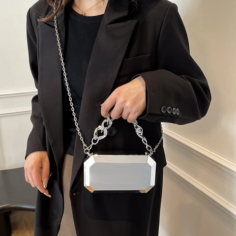 Acrylic Mirror Evening Clutch Bag Geometric Box Handbag For Women With Thick Chain Handle And Detachable Shoulder Strap