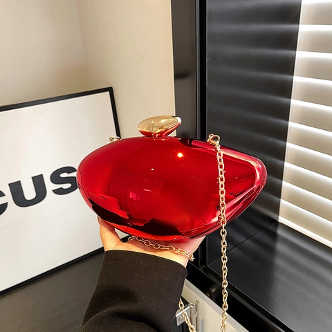 Women Acrylic Mirror Metallic Evening Clutch Bag Pebble Shape Party Gala Wedding Shoulder Bag With Metal Chain