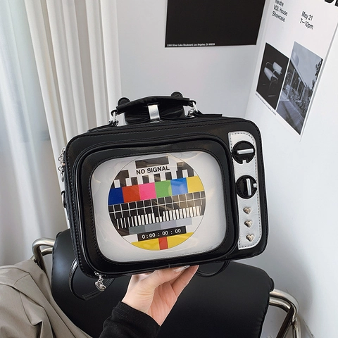 Retro TV Geformte Umhängetasche PU Leder PVC Transparentes Fenster Signal Testmuster Kreative Neuheit Handtasche