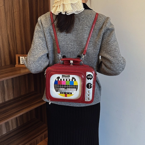 Retro TV Geformte Umhängetasche PU Leder PVC Transparentes Fenster Signal Testmuster Kreative Neuheit Handtasche