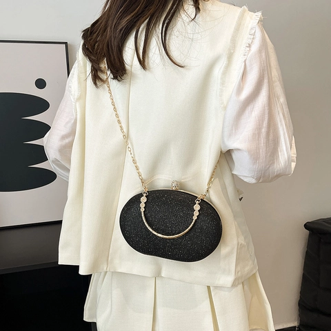 Women Evening Clutch Bag Glitter Shimmer Hard Shell Box Purse With Chain Strap Rhinestone Clasp For Party Wedding Prom