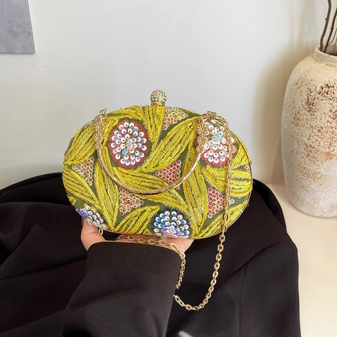 Vintage Pailletten Stickerei Abendtasche Luxus Oval Hard Shell Clutch Tasche Mit Metallgriff Und Abnehmbarer Kette