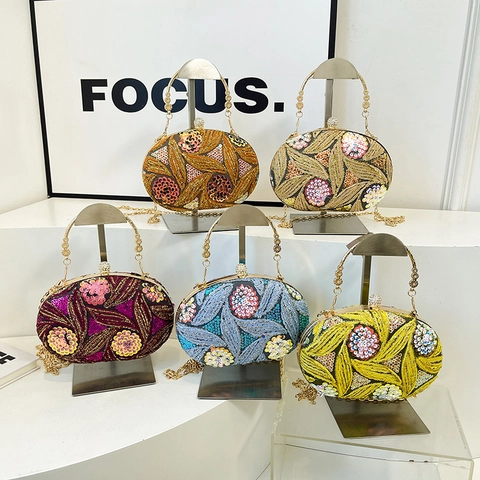 Borsa Da Sera Vintage Da Donna Paillettes Ricamo Con Perline Guscio Rigido Ovale Manico Anello Metallo Catena Banchetto