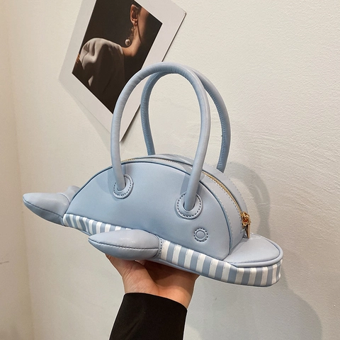 Cute Whale Shape Handbag PU Leather Polyester Dolphin Crossbody Bag Stripe Bottom Handle Metal Chain Animal Design