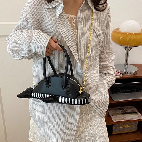 Cute Whale Shape Handbag PU Leather Polyester Dolphin Crossbody Bag Stripe Bottom Handle Metal Chain Animal Design