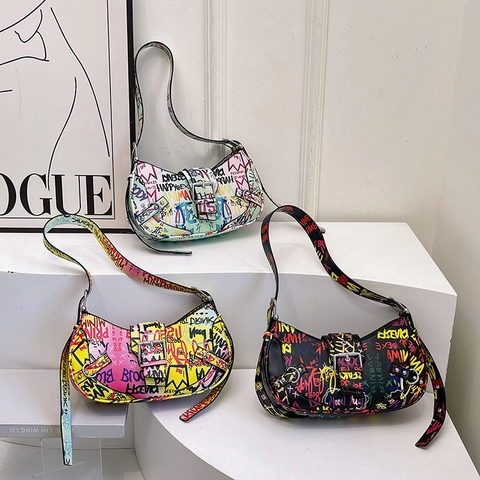 Graffiti Print PU Leather Shoulder Bag Colorful Streetwear Trendy Y2K Hobo Crossbody For Women Casual Daily