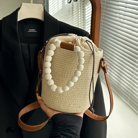 Borsa A Secchiello Intrecciata In Paglia Donna Stile Mori Moda Con Manico In Perline Legno Tracolla Pelle Coulisse Vacanza
