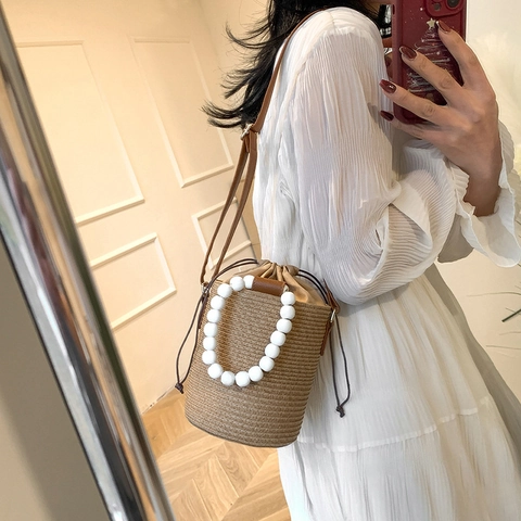 Borsa A Secchiello Intrecciata In Paglia Donna Stile Mori Moda Con Manico In Perline Legno Tracolla Pelle Coulisse Vacanza