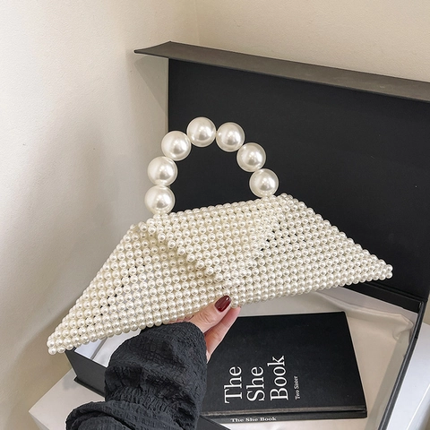 Triangle Faux Artificial Pearl Beaded Handbag For Women Elegant Large Artificial Pearl Handle Shoulder Bag Crossbody Purse For Wedding Party Summer