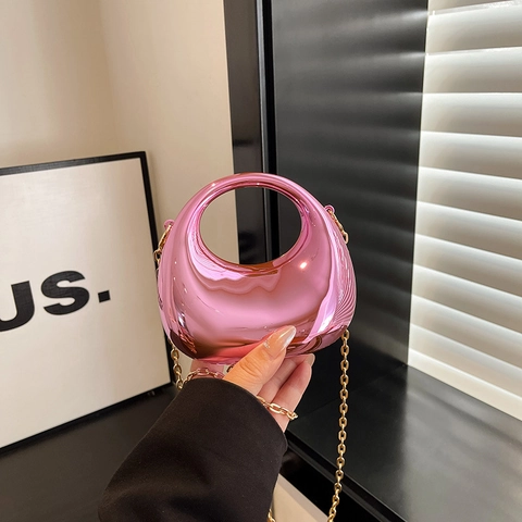 Mini Acrylic Mirror Box Bag Metallic Finish Round Hollow Handle Chain Strap Fashion Crossbody For Women Evening