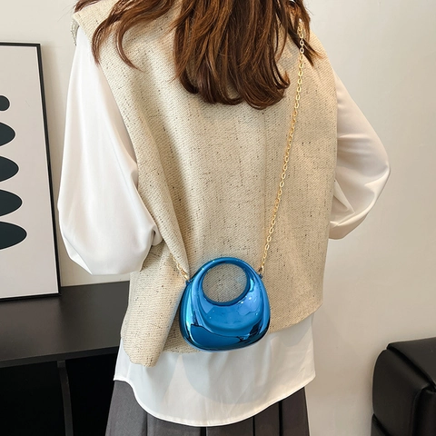 Mini Acrylic Mirror Box Bag Metallic Finish Round Hollow Handle Chain Strap Fashion Crossbody For Women Evening