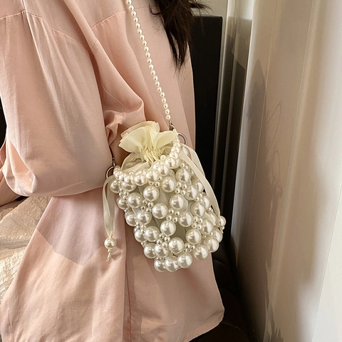 Elegante Borsa A Secchiello Intrecciata Con Künstliche Perle Realizzata A Mano Con Fodera In Raso Con Coulisse Borsa A Tracolla Vintage