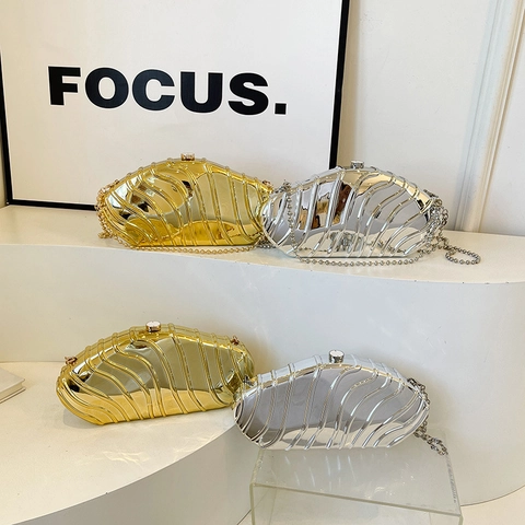 Women Evening Clutch Bag Acrylic Metallic Shell Shape Wave Texture With Detachable Ball Chain Strap Elegant Party Handbag Mirror Finish