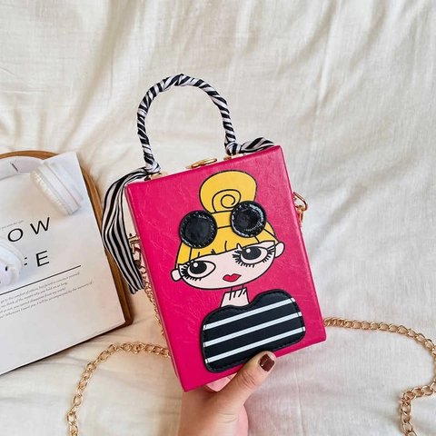 Chique Box Crossbodytas PU Leer Cartoon Meisje Patroon Harde Schaal Ketting Schoudertas Met Satijnn Sjaal Handvat Voor Dames