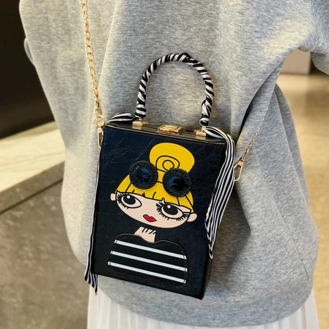 Chique Box Crossbodytas PU Leer Cartoon Meisje Patroon Harde Schaal Ketting Schoudertas Met Satijnn Sjaal Handvat Voor Dames