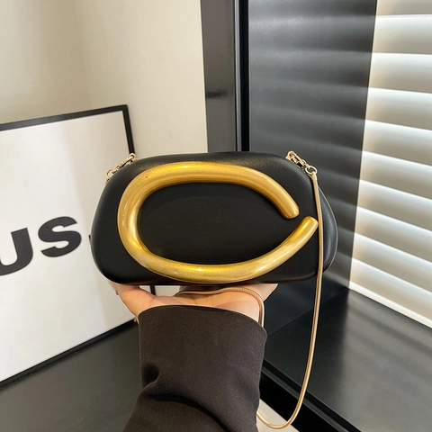 Women PU Leather Crossbody Bag Gold C Metal Handle Chain Shoulder Handbag Chic Small Oval Shell Clutch Minimalist