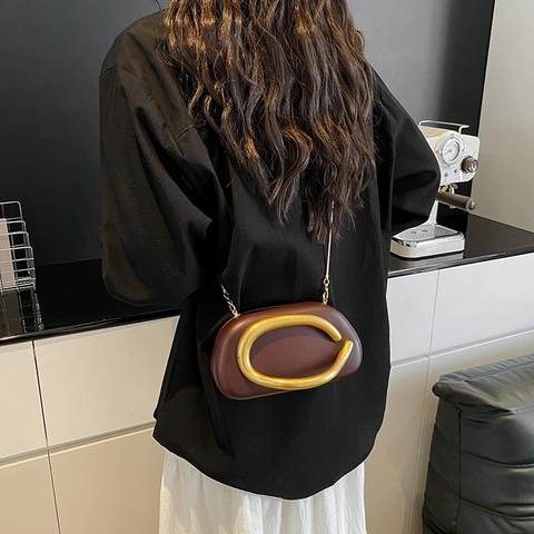 Women PU Leather Crossbody Bag Gold C Metal Handle Chain Shoulder Handbag Chic Small Oval Shell Clutch Minimalist
