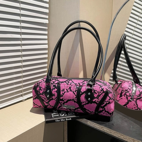 Borsa A Spalla Sottoascella Da Donna Motivo Serpente Pelle PU Grande Capacità Borsa A Mano Barile Moda Con Cerniera E Rivetto