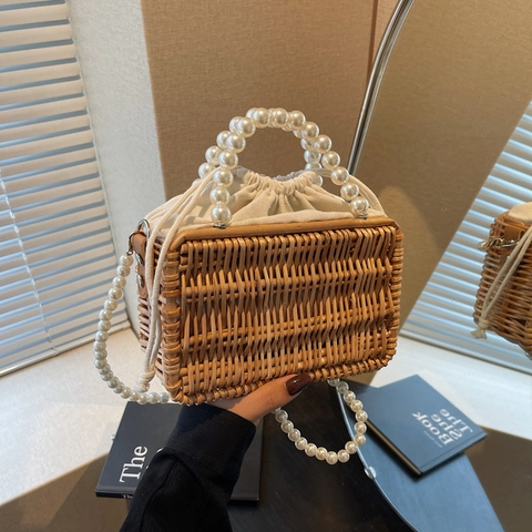 Borsa In Paglia Intrecciata Con Manico In Perla Artificial E Tasca Interna Coulisse Borsa A Tracolla Da Spiaggia Retrò Per Donna