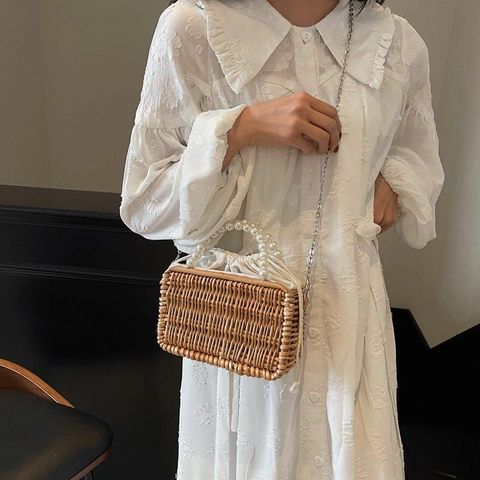 Borsa In Paglia Intrecciata Con Manico In Perla Artificial E Tasca Interna Coulisse Borsa A Tracolla Da Spiaggia Retrò Per Donna