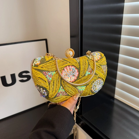 Sequin Embroidery Evening Clutch Bag Metal Handle Artificial Pearl Clasp Retro Party Handbag For Women With Chain Strap
