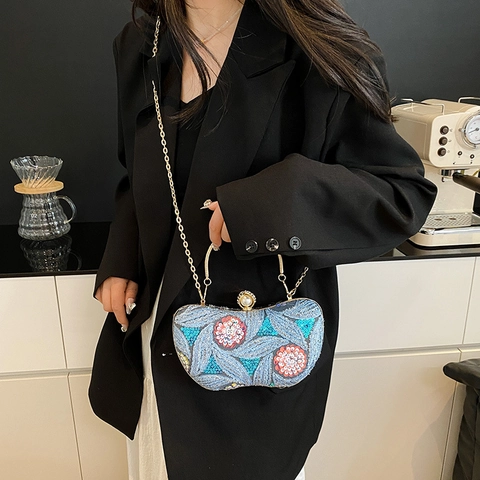 Sequin Embroidery Evening Clutch Bag Metal Handle Artificial Pearl Clasp Retro Party Handbag For Women With Chain Strap