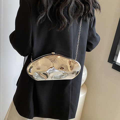 Metallic Spiegel Clutch Tasche Irreguläre Form Acryl Hartschale Abendtasche Mit Kette Für Damen Party Mode