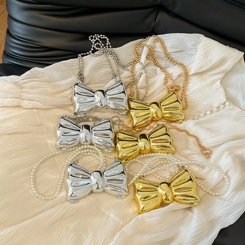 Women Mini Evening Bag Bowknot Shape Metallic Acrylic Mirror Finish Crossbody Chain Strap Party Clutch Handbag