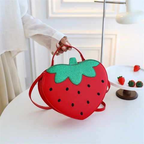 Strawberry Shaped Shoulder Bag PU Leather Glitter Leaf Crossbody Bag Top Handle Adjustable Strap Fashion Novelty