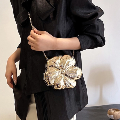 Bloemvorm Avondclutch Tas Metallic Goud PVC 3D Bloemen Box Handtas Met Kettingriem Voor Dames Feest Bruiloft