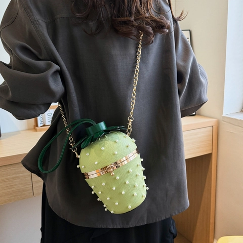 Strawberry Shaped Crossbody Bag PU Leather Faux Artificial Pearl Rivet Decor Top Handle Metal Frame Chain Shoulder Purse For Women